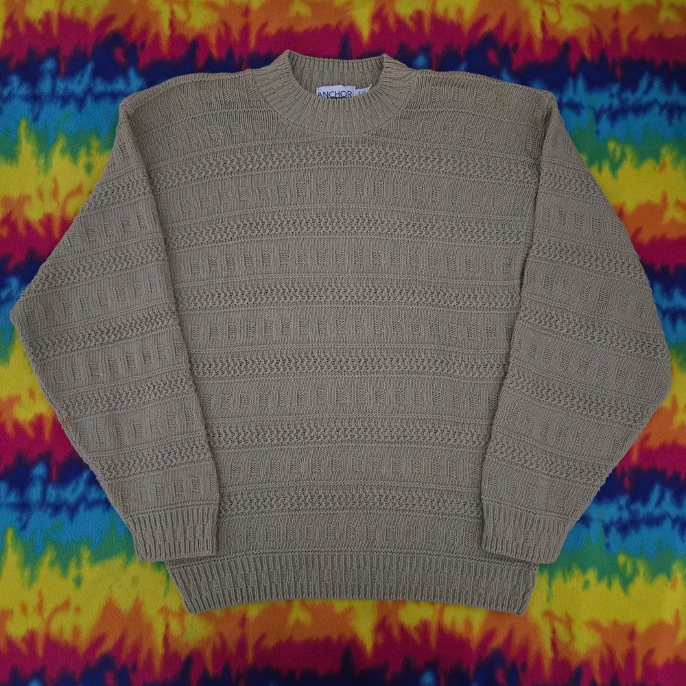 Anchor Bay Mens Large Tan Cotton Knit Crewneck Sweater Textured Made in USA